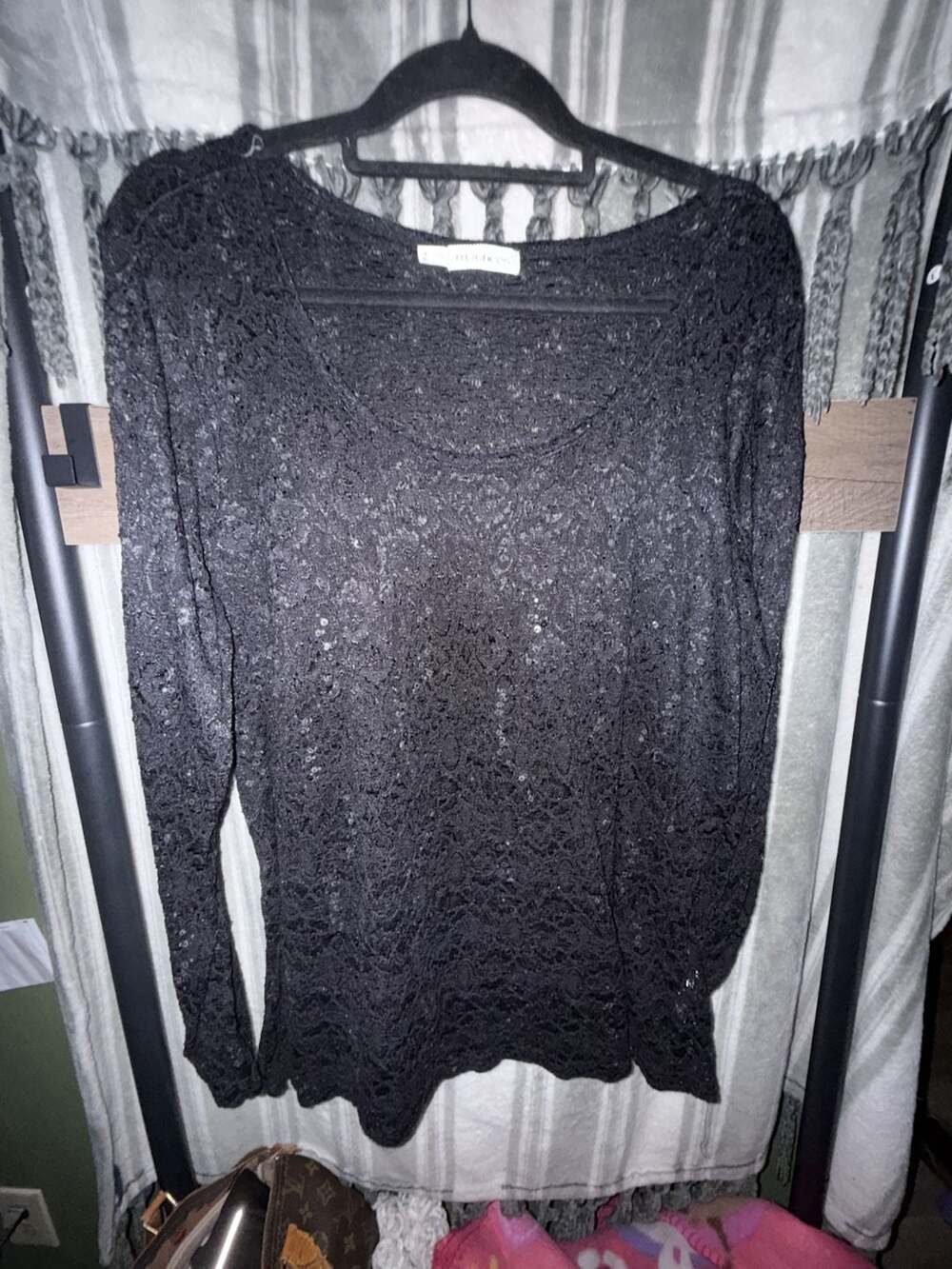 Maurices Sheer Lace Long Sleeve Top Size 2 Black Sequin